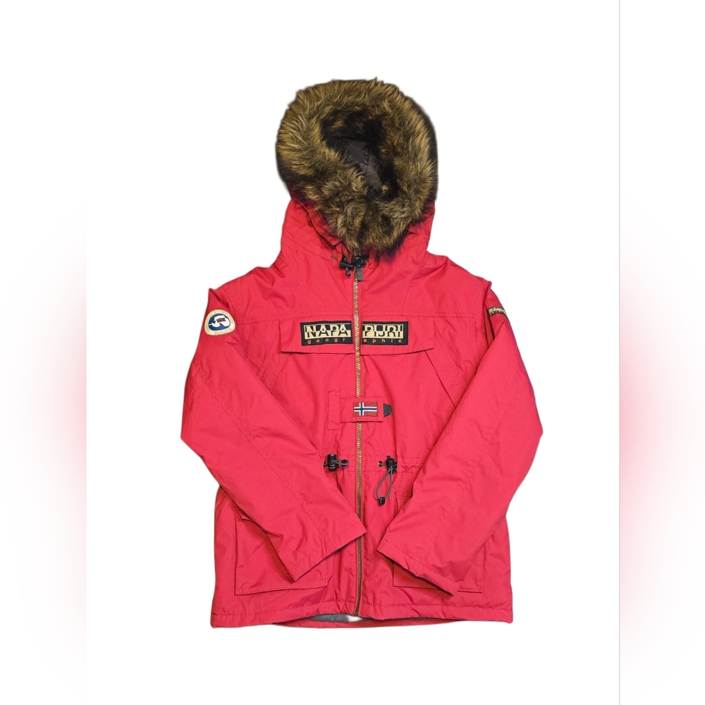 Napapijri Geographic Skidoo Winter Parka Jacket L (14) Faux Fur Hood Taped Seams